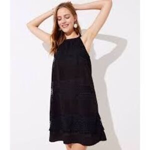 Loft Size M High Neck Sleeveless Flare Day Dress Black Multi Lace Casual Party